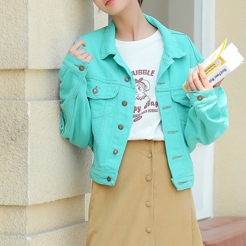 Женская тонкая джинсовая куртка мятного, зеленого, желтого, розового цвета с карманами и длинными рукавами и отложным воротником, свободное короткое пальто C0211