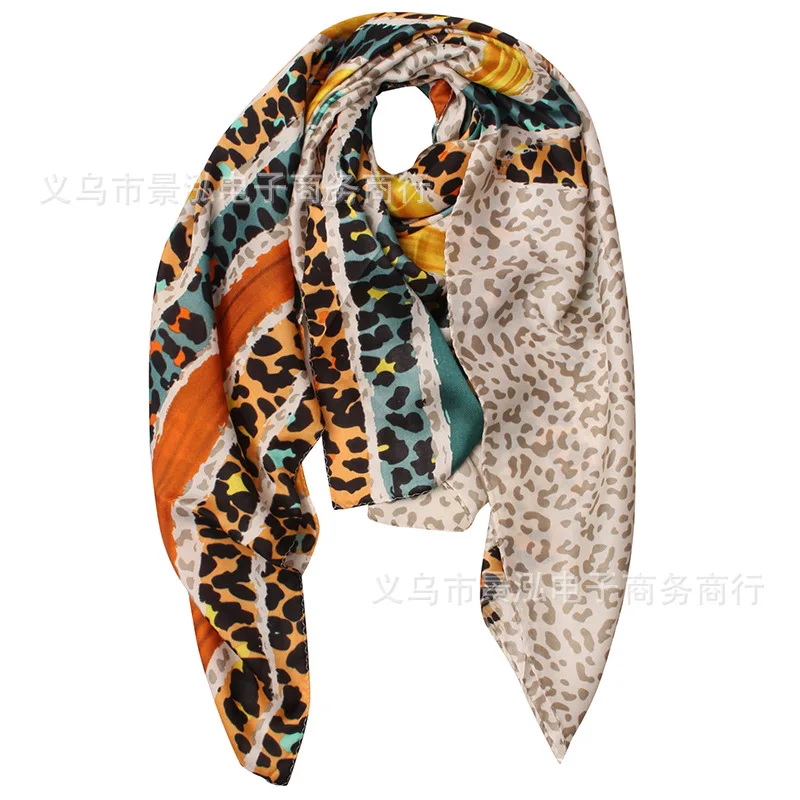 

Color Rainbow Leopord Pattern Stripes Spring And Summer Days Scarf Silk Scarves Europe And America Foreign Trade Export Scarf