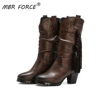 

MBR Power Plus Size Retro Ethnic Fringed Block High Heels Round Toe Goth Punk Medium Women's Waterproof and Non-slip Boots