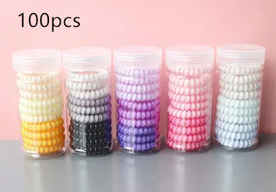 

100pcs Small Thin Colorful Elastic Plastic Rubber Spiral Coil Telephone Cord Wire No Crease Hair Ties Scrunchies Hair Ring Band