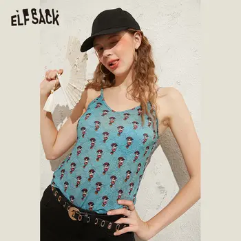 

ELFSACK Blue Full Mouse Print Bright Casual Sling Women Tank 2020 ELF Summer New Vintage Sleeveless Sexy Ladies Daily Camis Tops