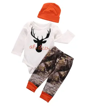 

3pcs Kids Baby Boy Girl Deer Print Long Sleeve Romper+ Pants+ Hat Toddler Outfits Set Costume Casual Autumn Clothes 0-18 Months