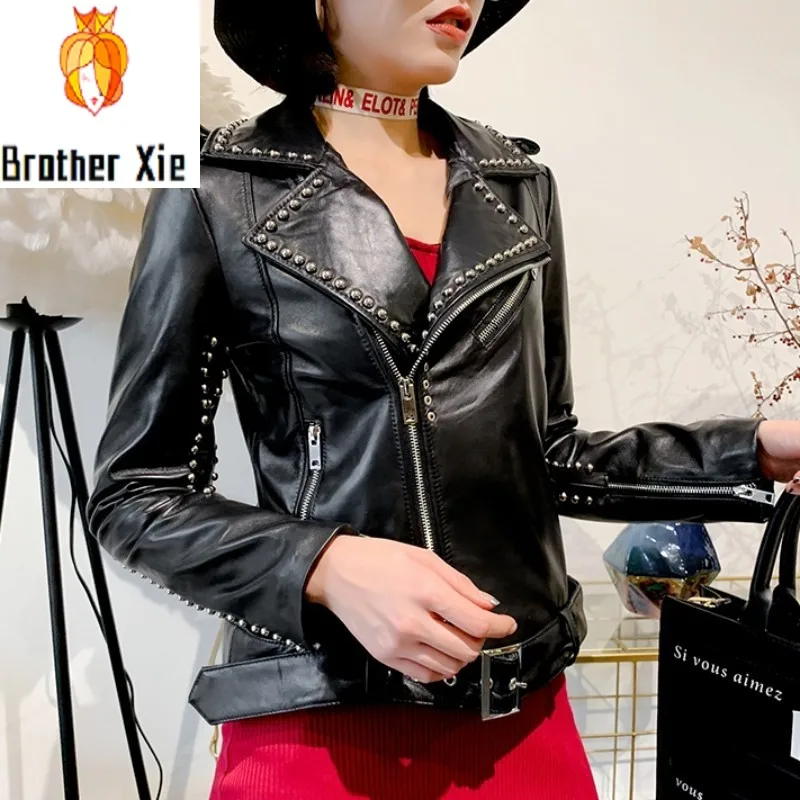 

New Style Rivet Motorcycle Biker Jacket Women Genuine Leather Soft Sheepskin Real Leather Coats Autumn Clothes Ladies Streetwear