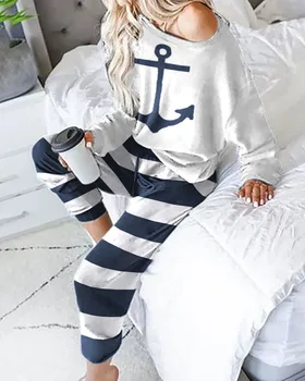 

Women Loungewear Multi Printed Cold Shoulder Top & Pants Pajamas Sets Women Two Piece Set Bedroom Homewear