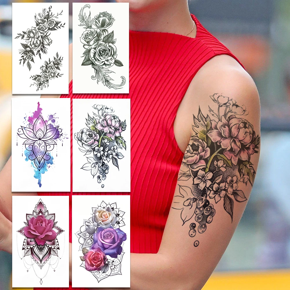 Tatouage Bras Femme Fleur De Cerisier Faux tatouages temporaires en fleur de cerisier, autocollant pour femmes et  filles, aquarelle Lotus Rose henné, corps bras sueur pois | AliExpress