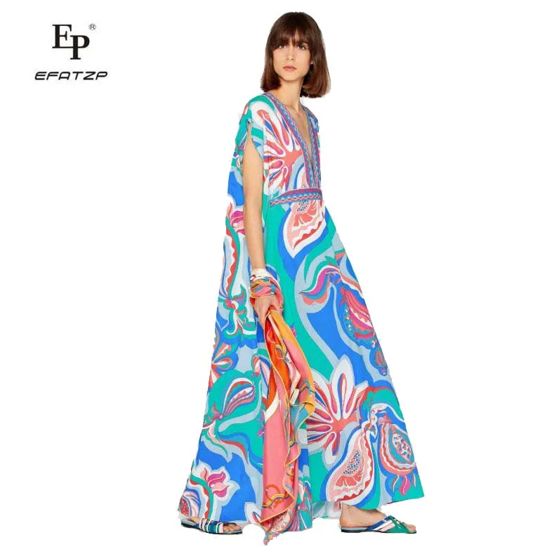

EFATZP New Middle East Loose Large V-collar Fashion Printed Elastic Knitted Banquet Leisure Dress