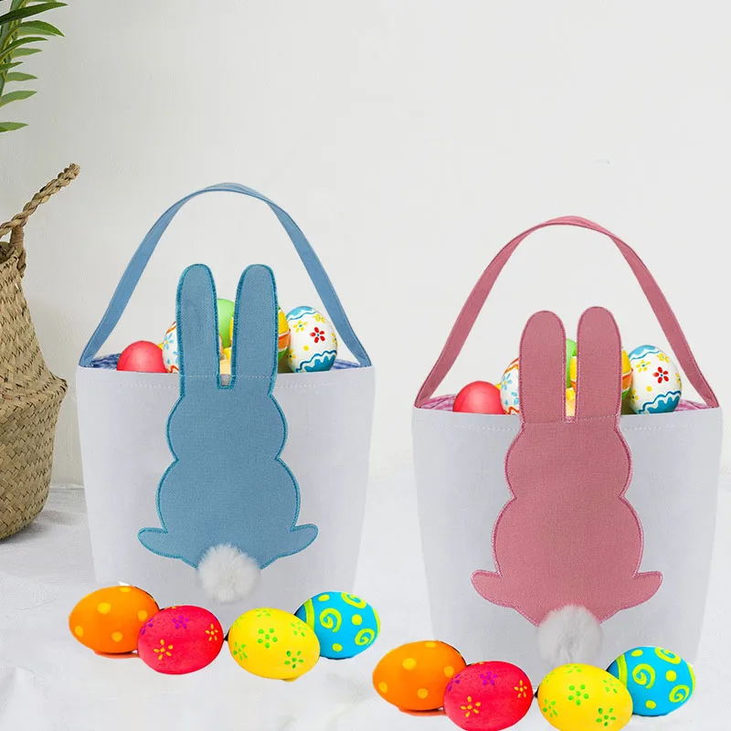 10pcs Wholesale Easter Bag Canvas Cotton Fluffy Bunny Basket with
