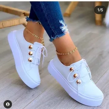 White Shoes Women 2021 Fashion Round Toe Platform Shoes Size 43 Casual Shoes Women Lace Up Flats Women Loafers Zapatos Mujer 1