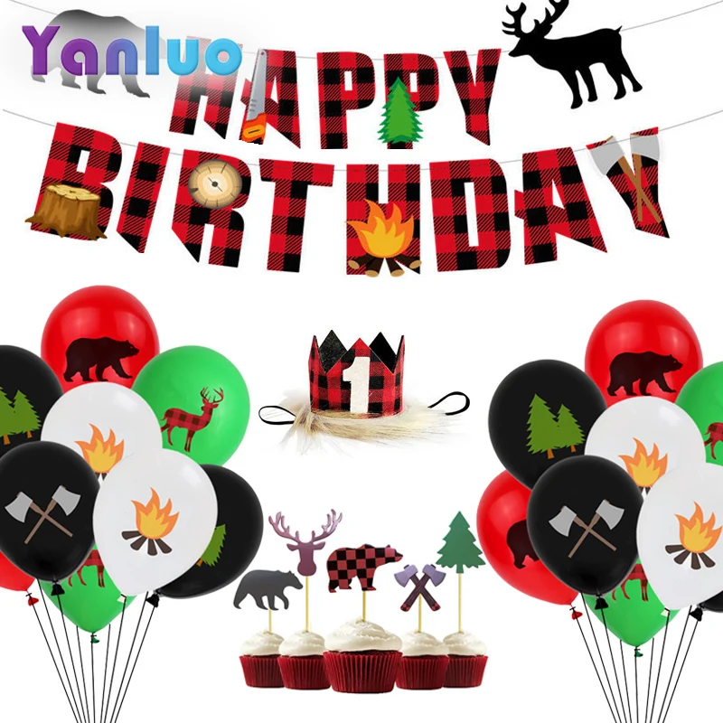 

Lumberjack Party Latex Balloons Happy Birthday Banner Black Red Plaid Kids Birthday Decoration Baby Shower Decor Supplies Globos