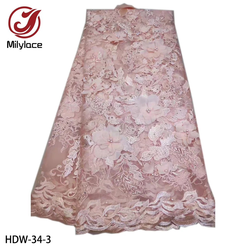 Milylace 3D цветок, французское кружево ткань розовый цвет вышитая кружевная тюль ткани с бисером и камнями для свадебных платьев HDW-34