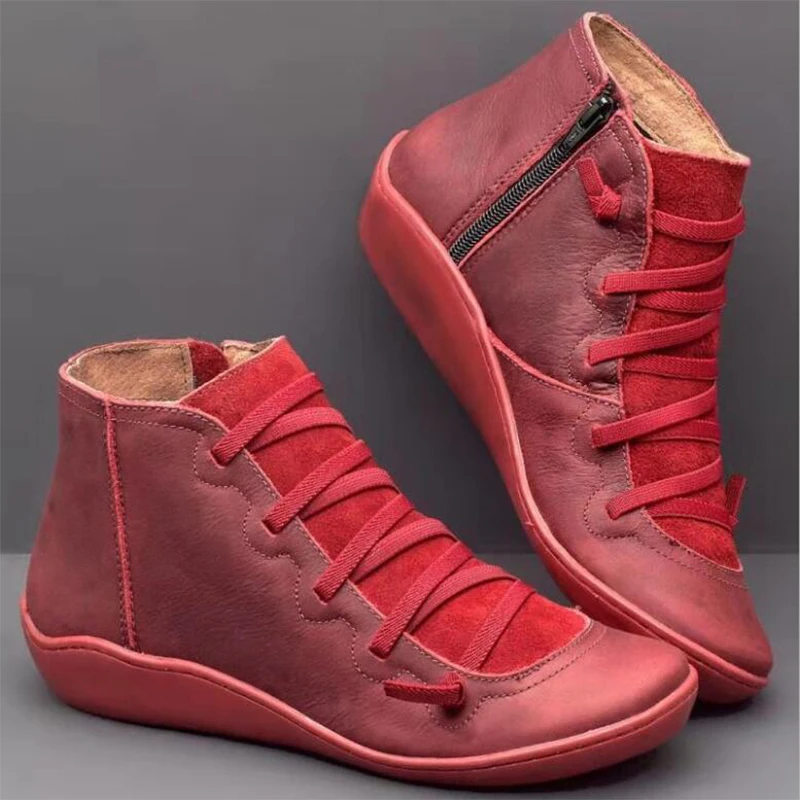 Women's PU Leather Ankle Boots Ladies Autumn Winter Cross Strappy Vintage Women Punk Boots Flat Ladies Shoes Woman Botas Mujer