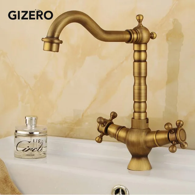 $US $35.37  Antique Dual Handle Bathroom Brass Faucet Basin Mixer hot and cold Faucet Swivel Deck Mounted Sink 