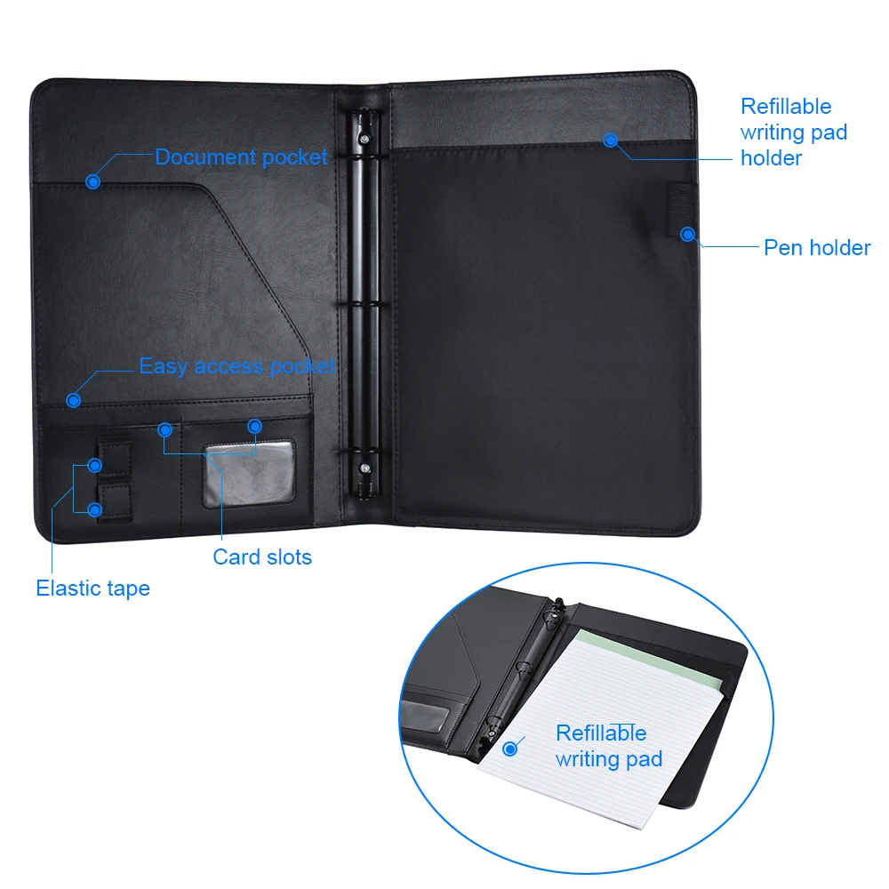 비즈니스 포트폴리오 Padfolio 폴더 문서 케이스 정리함 A4 PU 가죽, 명함 U 플래시 디스크 거치대 메모 메모 패드