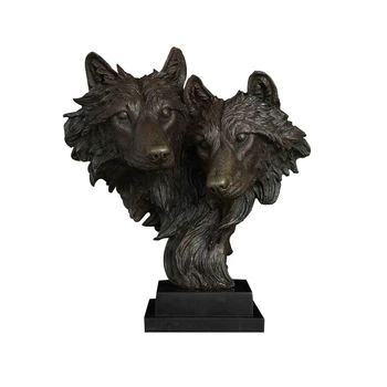 

[MGT] Bronze animal art decor bronze double two wolf head statue sculpture for desk decoration