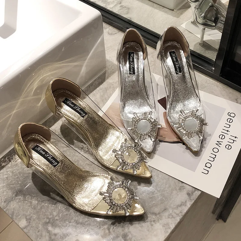 LTARTA Spring-Summer New Glass Glue Sunflower Rhinestone Buckle Transparent High-Heel Shoes Women Sexy Pumps JXQ