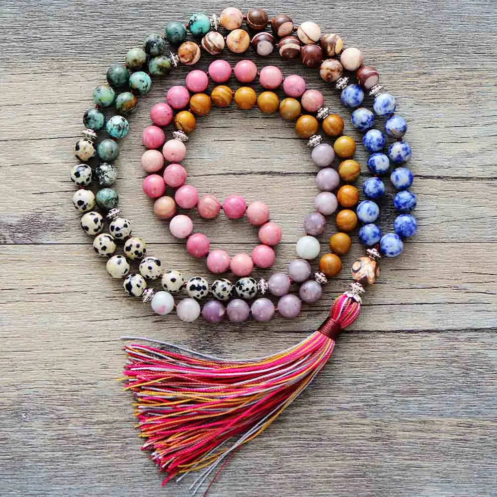 7 Chakra Necklace Unique 8MM Natural Stone Long Tassel Necklace Women Beaded Necklaces Beads Knotted Yoga Necklace