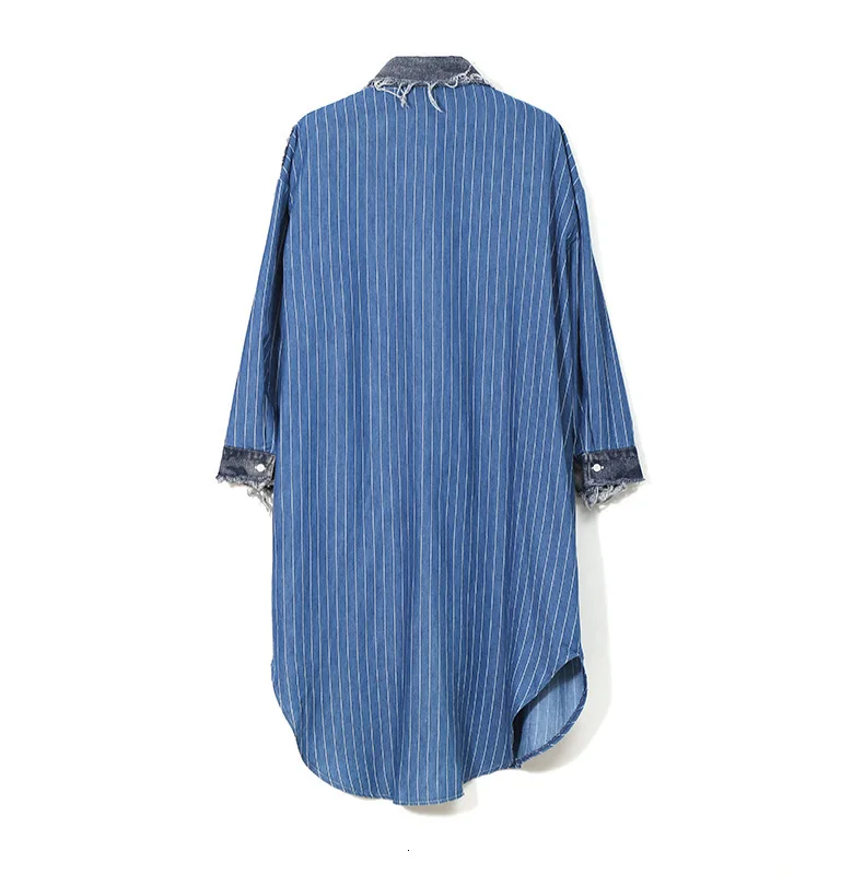 [EAM] Women Blue Striped Denim Big Size Shirt Dress New Lapel Long Sleeve Loose Fit Fashion Tide Spring Autumn 19A-a282