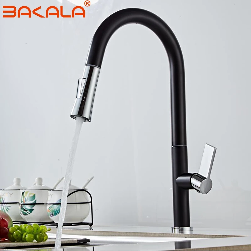 BLACK Kitchen Faucets Single Handle Pull Out Kitchen Tap Swivel Degree Water Mixer Tap Chrome Spring Button Nozzle Water Faucet