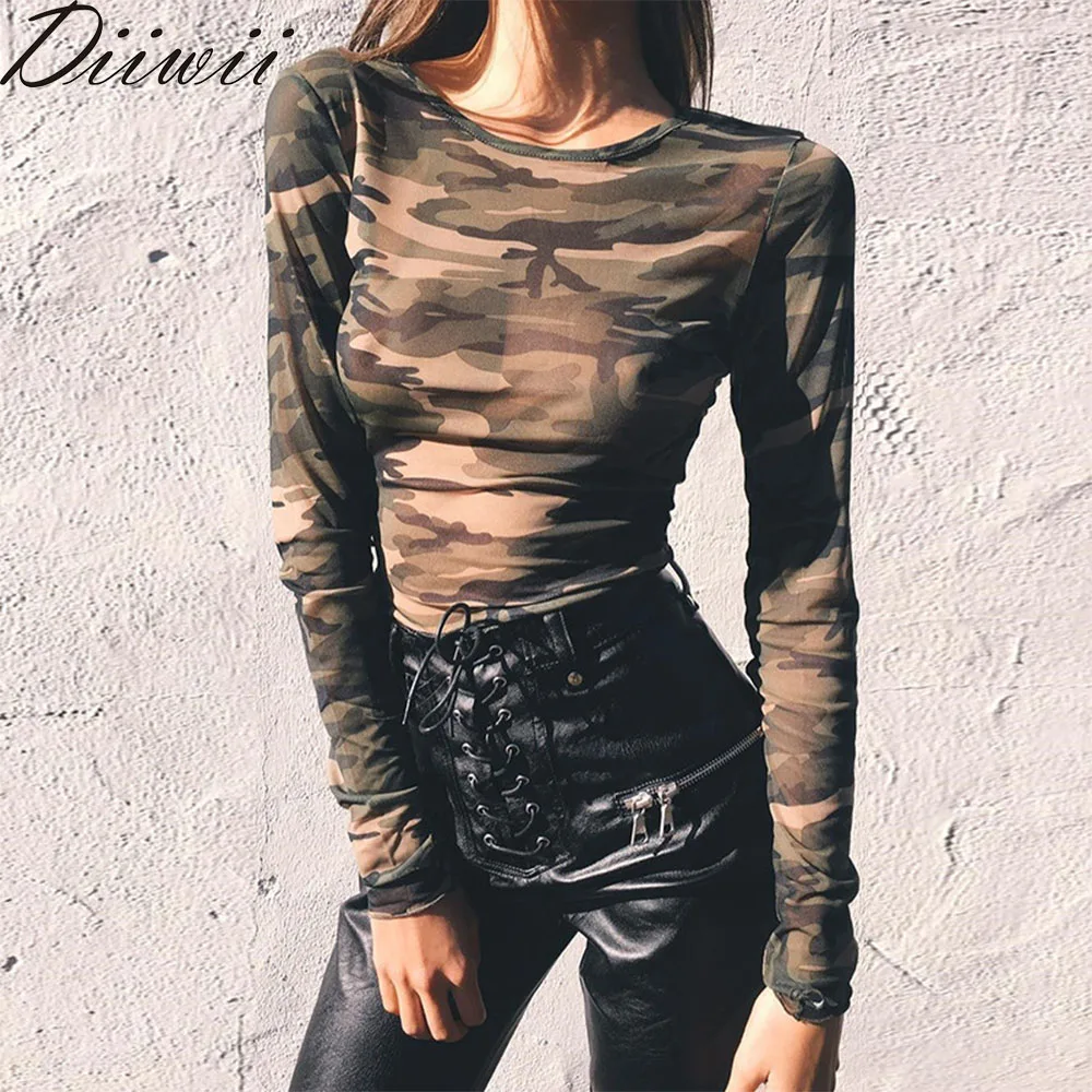 DiiWii Hot Style Ladies Top Fashion Mesh Camo Long Sleeve T Shirt