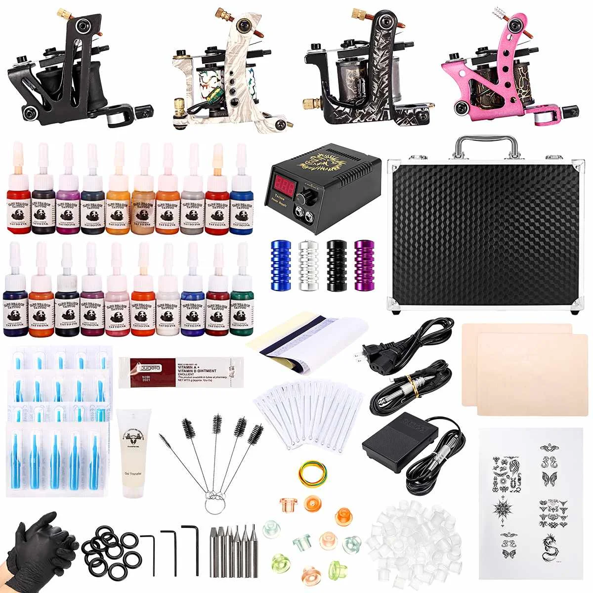 

Professional Complete Tattoo Kit 4 Machine Power Supply Foot Pedal 20 Grips Tip DIY Tattoo Accessories Tools Kits Full Set