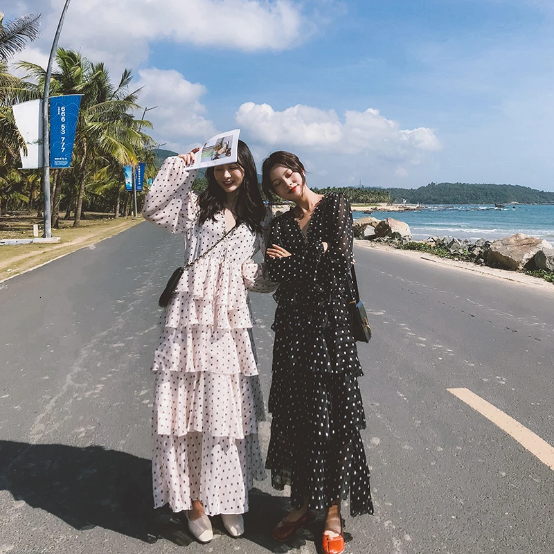 

Women Vintage Cascading Ruffle Dress Casual Dot Print Bohemian Patchwork Ladies Dress V-neck Saxy Female Beach Boho Dress