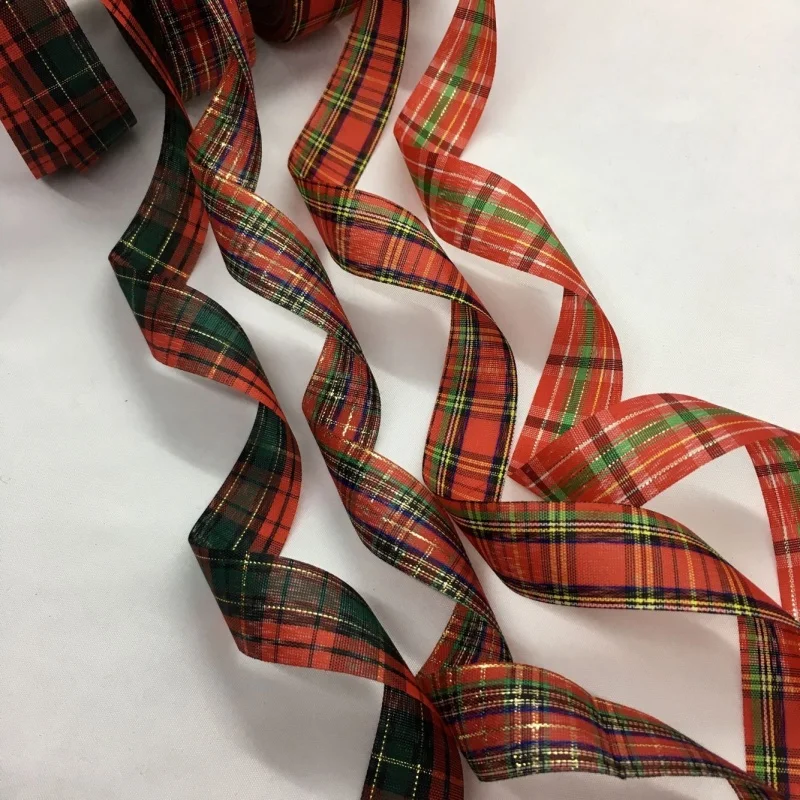 

2.5cm 10Y Gold Lurex Tartan Ribbon Gingham Scottish Fabrics For Handmade Craft Gift Floral Packing Wedding Christmas Deco