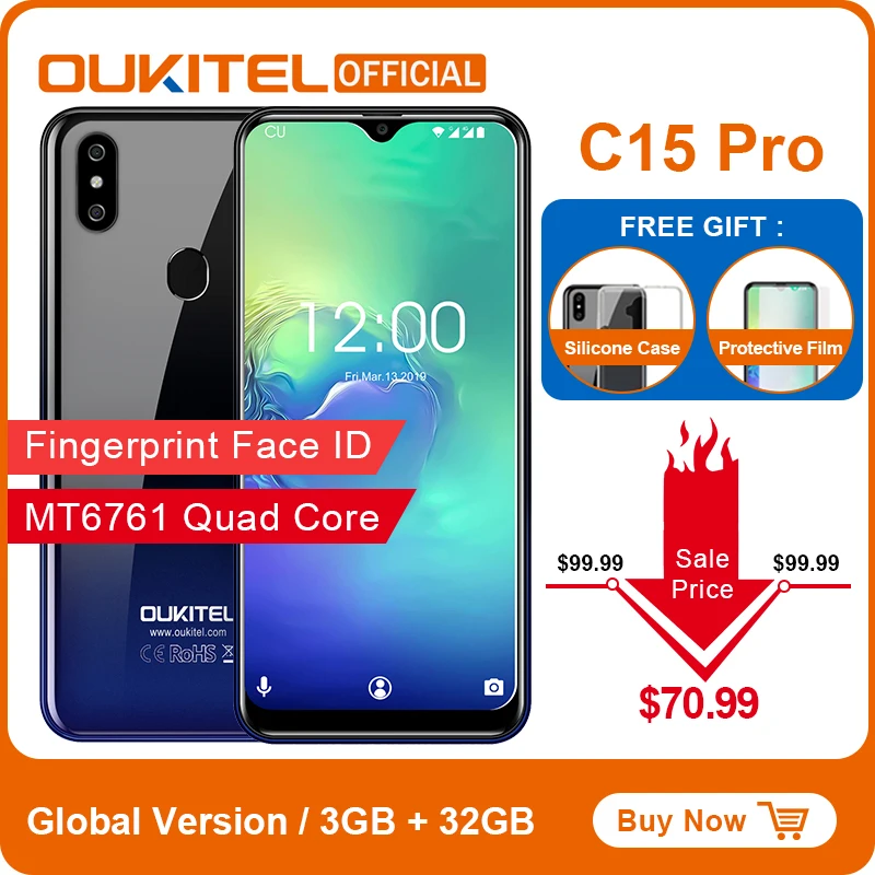  OUKITEL C15 Pro Android 9.0 Mobile Phone 3GB 32GB MT6761 Fingerprint Face ID 4G LTE Smartphone 2.4G