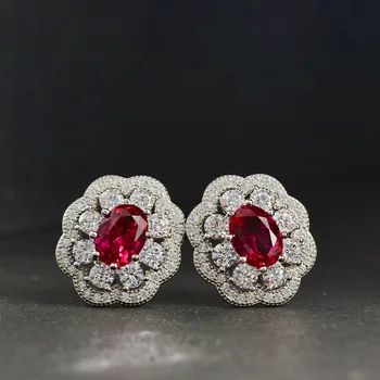 

2020 new Women vintage Simulated Ruby stone 100% real 925 sterling silver flower stud earrings for ladies wedding party