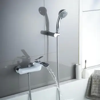 

Brass Bath & Shower Faucets White & Chrome Wall Mounted Waterfall Faucet Crane Bath Shower Tap Bathtub Faucet with shower head