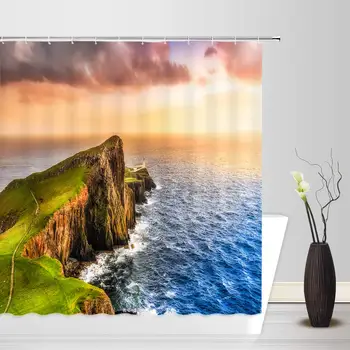 

Ocean Coastal Cape Decor Shower Curtain Romance Sea Scenery Marine Foreland Waves Surge Fantasy Sky Clouds Fabric Bathroom Set