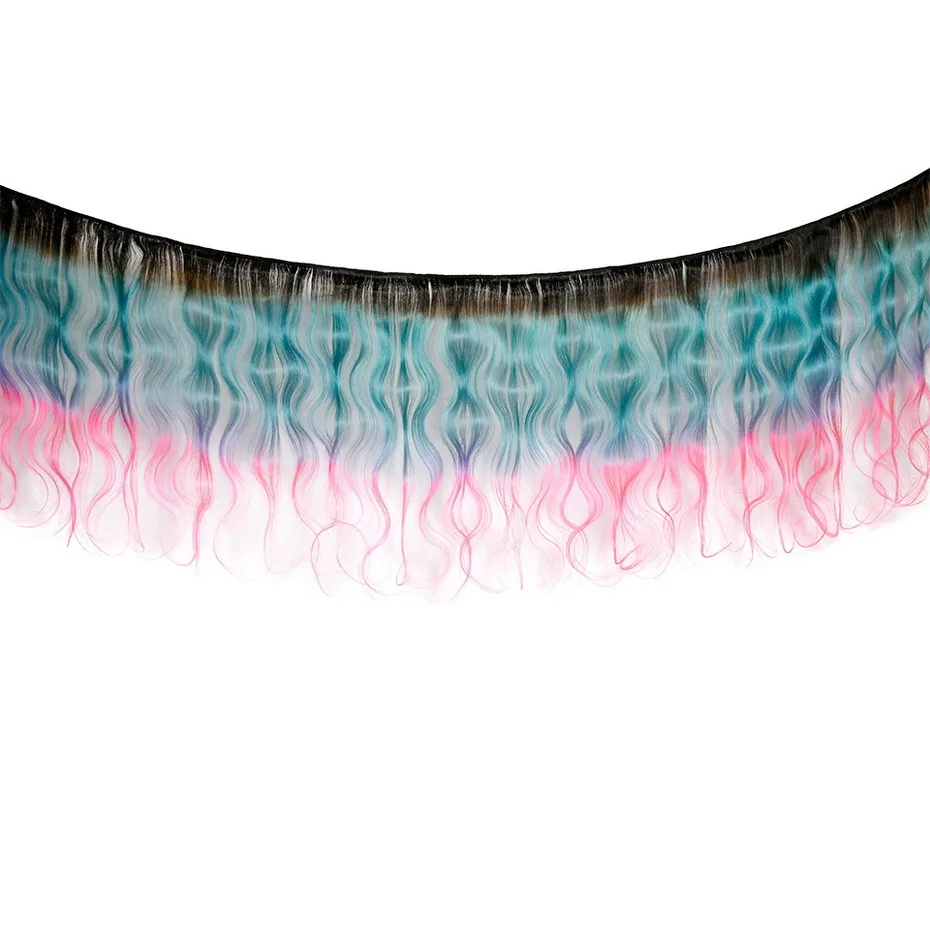 Stema волнистые волосы, для придания объема пряди с Cosure эффектом деграде(переход от темного к 1b/синий/розовый бразильский человеческих Волосы remy удлинитель 3 пряди с 4x4 кружева закрытие
