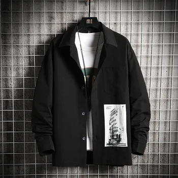 

Men's Spring Unisex Print Shirts Men Fashion Black shirt jacket long Sleeve Blouse Streetwear Loose Male Shirts