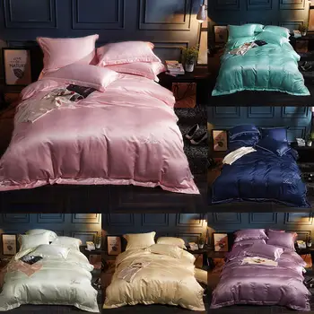 

4Pcs/Set Solid Color Embroidery Duvet Bed Sheet Quilt Cover Pillowcase Bedding