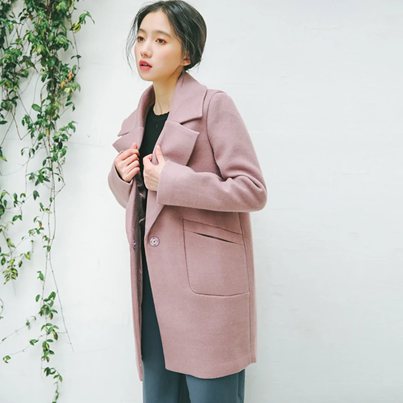 Розовый Korean Lapel Thick Woolen Coat Woman Harajuku Loose Long Sleeve Solid Coat Ladies Warm And Slim Large Pocket Long Coat Women - Цвет: Розовый