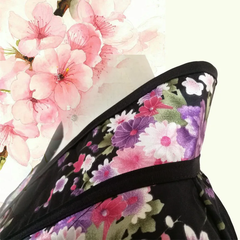 Women's Short Japanese Anime Lolita Cherry Sakura Flower Printing Kimono Maid Costumes Silk Yukata Fancy Dress S-3XL