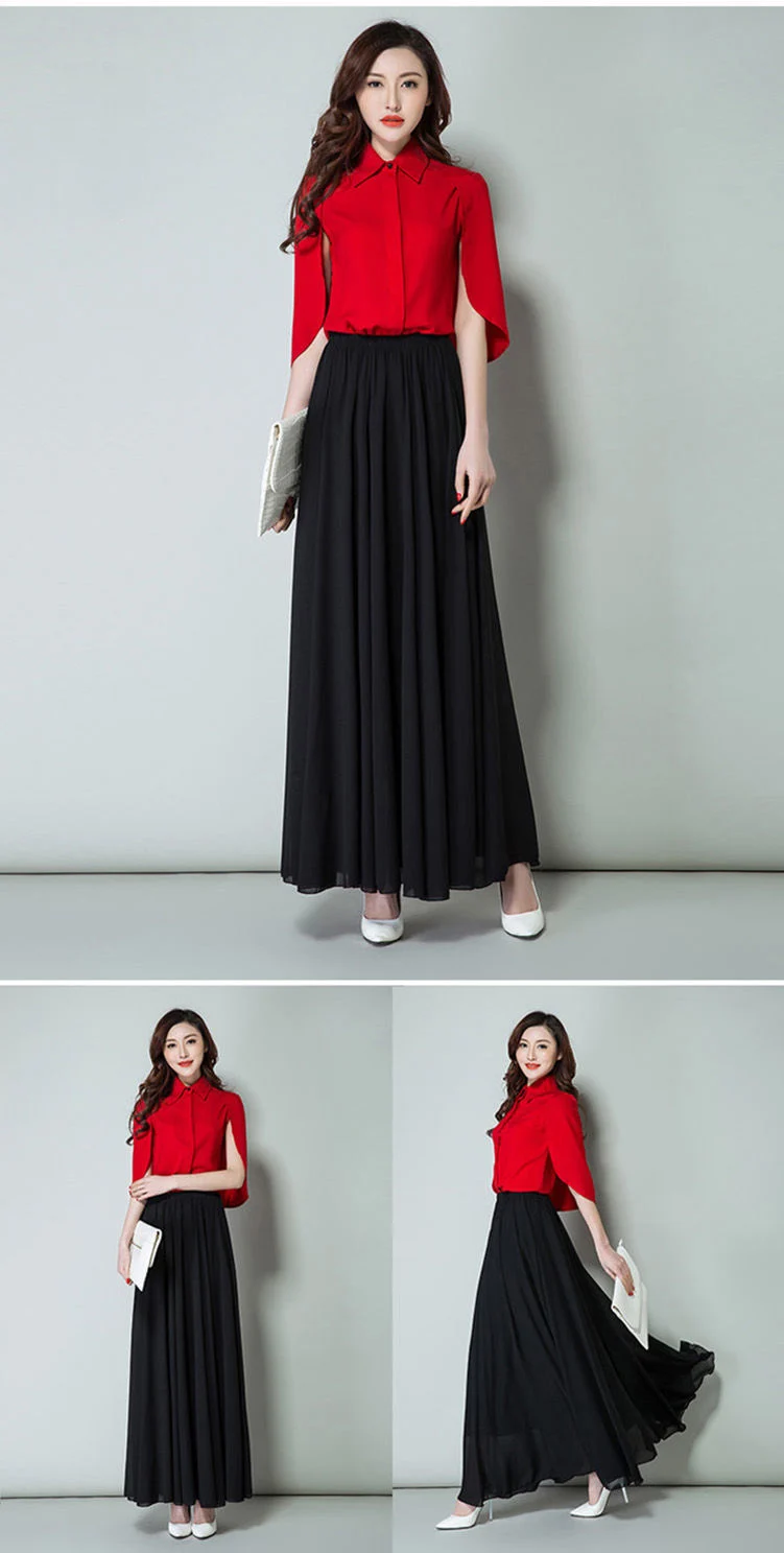 New Summer Chiffon Skirts Plus Size Full-Length Skirt High Waist Elegant Dance Skirt Pink Black Red Navy Blue White Long Skirts leather skirt