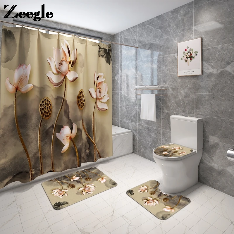 4pcs Floral Bathroom Carpet Flannel Shower Curtain Set Toilet Seat Cover Floor Materproof  Waterproof Bathroom Mat