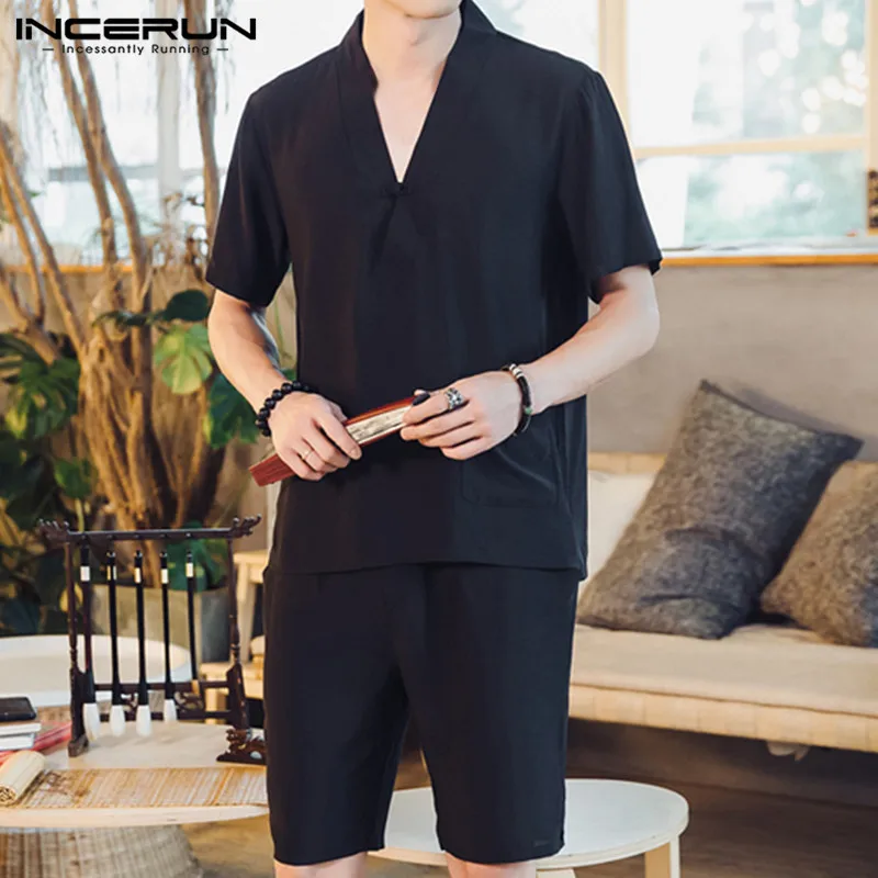 INCERUN Summer Vintage Men Sets Streetwear Solid Color Casual Short Sleeve V Neck Pockets Tops Mid-length Shorts Mens Suit S-5XL INCERUN Summer Vintage Men Sets Streetwear Solid Color Casual Short Sleeve V Neck Pockets Tops Mid-length Shorts Mens Suit S-5XL