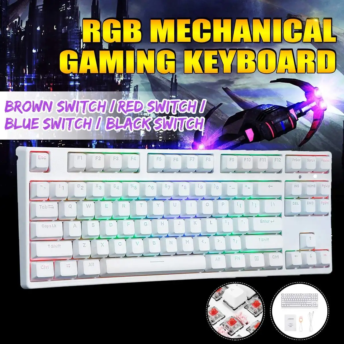 

87Keys USB Wired RGB Backlit NKRO Gateron Switch PBT Double Shot Keycaps Mechanical Gaming Keyboard for E-sport office PC Laptop