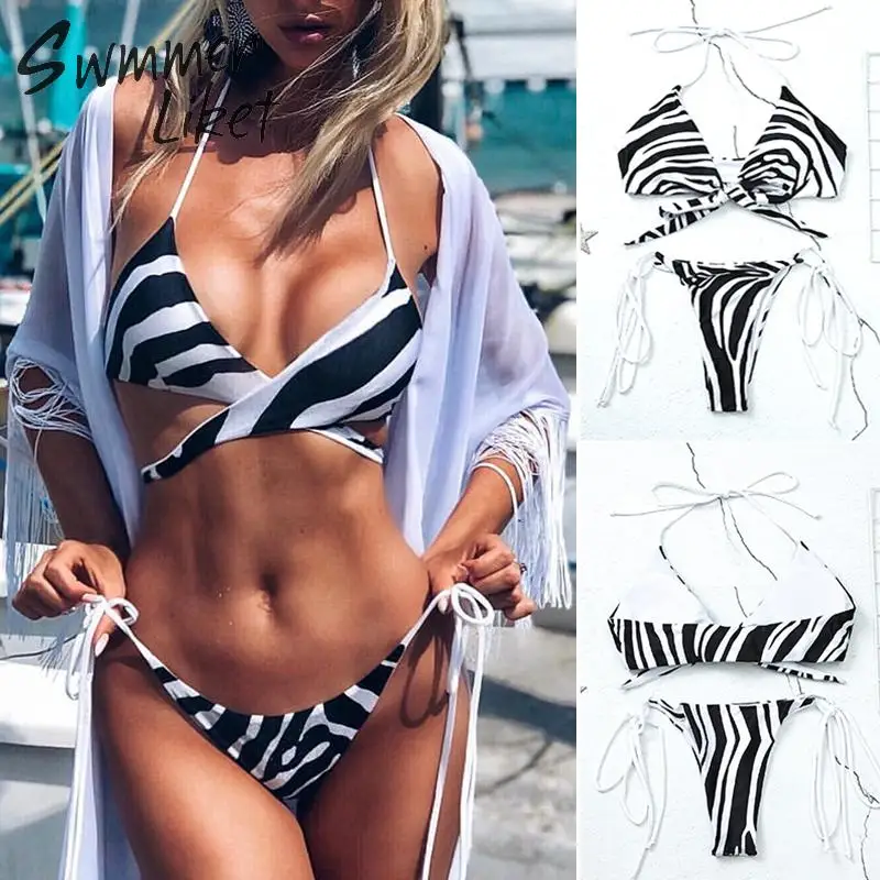 

Halter swimwear female Sexy thong bikini 2019 Push up bathing suit Zebra print swimsuit women Bandage bikini set Fashion bathers