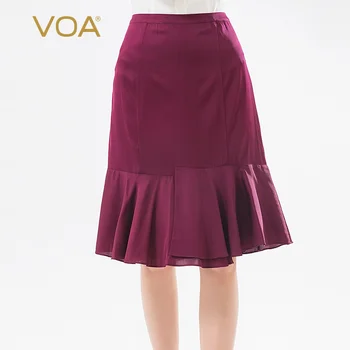 

VOA silk dark purple mid waist asymmetrical stitching Ruffle hem simple elegant commuter skirt cd006