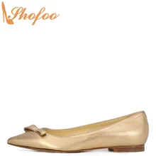 Женские балетки золотистого цвета из лакированной кожи с бантиком-бабочкой; большие размеры 14, 16; женские туфли модные офисные туфли с острым носком для взрослых; Shofoo