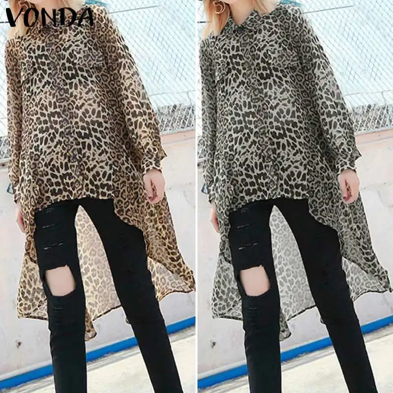 

VONDA Women Blouses 2020 Vintage Leopard Printed Beach Holiday Tops 2020 Summer Loose Asymmetric Party Blusas Plus Size Shirts