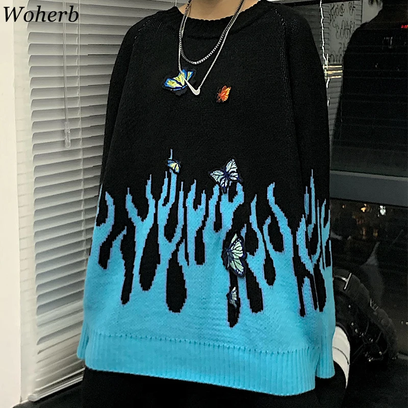 Woherb осень зима для женщин мужчин Harajuku пламя Вязание пуловер свитер бабочка аппликация патч негабаритных джемпер верхняя одежда