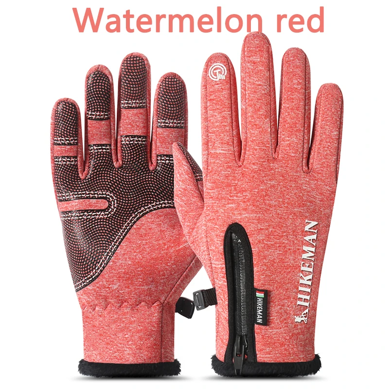 watermelon-red Новые зимние теплые водонепроницаемые мужские перчатки с сенсорным экраном женские бархатные ветрозащитные Нескользящие перчатки пяти цветов - Цвет: watermelon-red