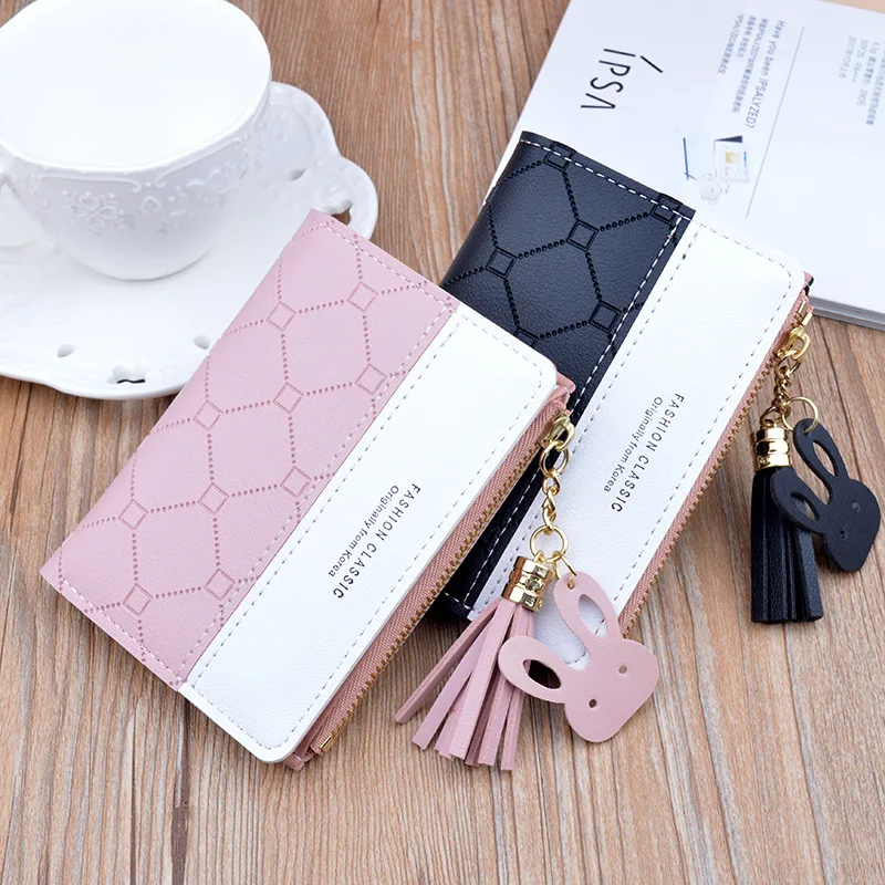 

New small wallet women's short zipper wallet Student Korean embossed color contrast tassel versatile change bag