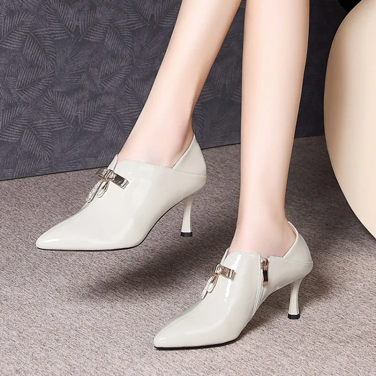 

2020 New Style Full-grain Leather Pointed-Toe Bow Decoration Metal Side Zipper Stiletto Deep Mouth Four Seasons Shoes