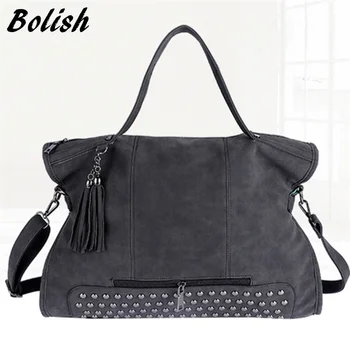 

Bolish Rivet Vintage PU Leather Female Handbag Fashion Tassel Messenger Bag Women Shoulder Bag Larger Top-Handle Bags Travel Bag