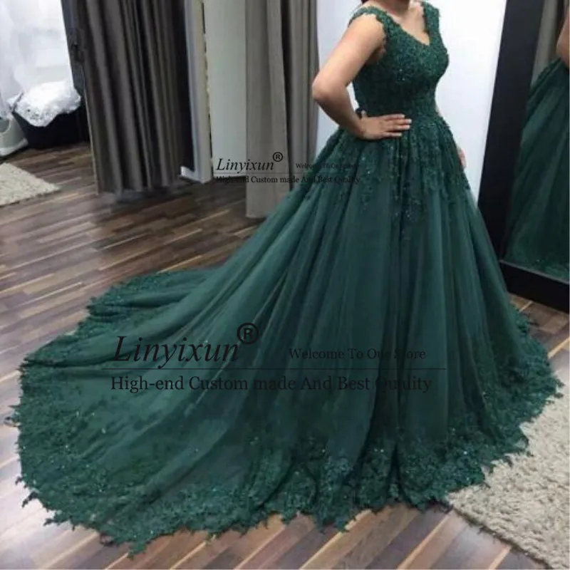 Robe de soiree темно-зеленое длинное бальное платье, платья для выпускного вечера, кружевное платье с аппликацией и v-образным вырезом, официальное вечернее платье размера плюс