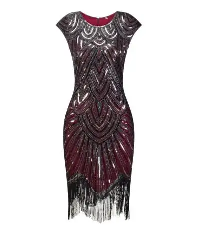 Женское вечернее платье, халат Femme 1920 s, отличная Хлопушка в стиле Гэтсби, блестящая бахрома, миди платье, Vestido, летнее, арт-деко, ретро черное платье - Цвет: Бургундия